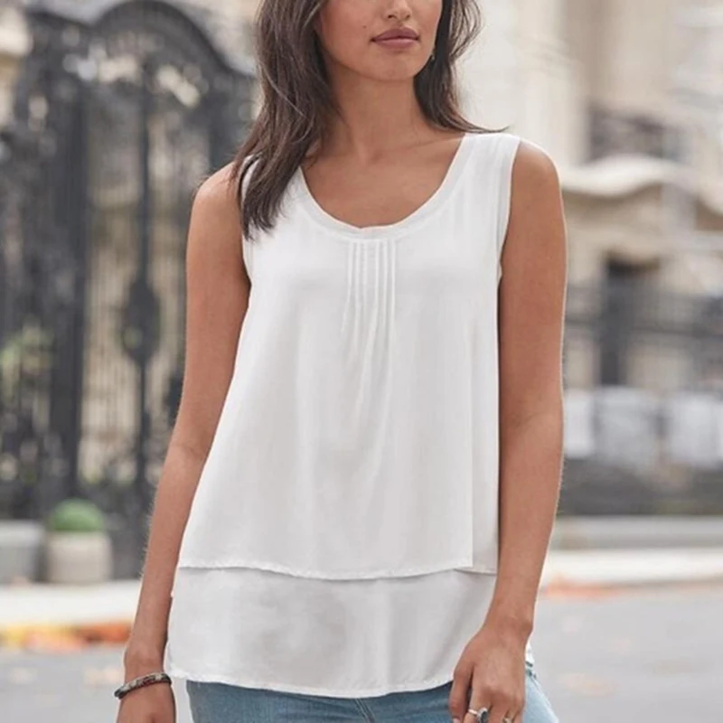 Large size 5xl sexy new summer vest female chiffon halter shirt solid color low round neck sleeveless t-shirt SJ2130Y | Женская одежда