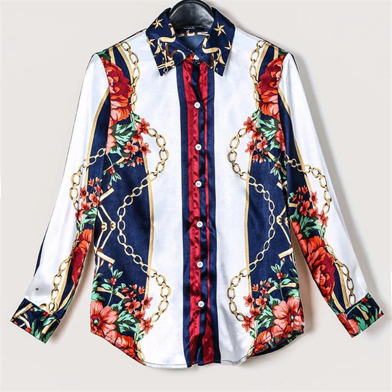 2019 Spring Women Elegant Party Loose Button Shirt Turn-down Collar Female Floral &amp Chains Print Casual Long Sleeve Blouse |