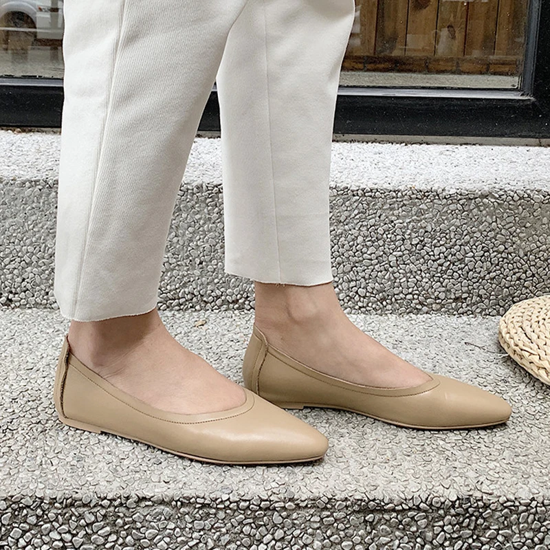 

ISNOM Fashion Casual Flats Women Square Toe Footwear Shallow Shoes Ladies Genuine Leather Girl Shoes Woman 2019 Summer New