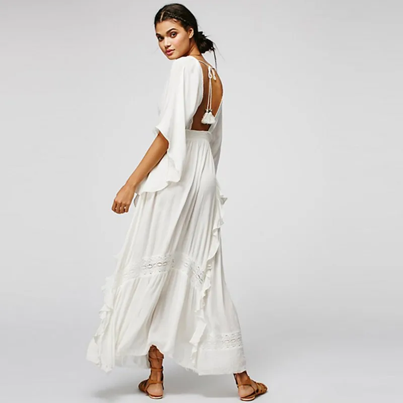 Богемное свободное платье макси с глубоким вырезом кружевной лоскутный стиль
