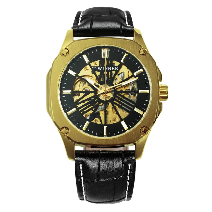 GOLDEN BLACK Победитель официальный автоматические часы для мужчин Скелет Механические панк человек часы люксовый бренд кожаный ремешок Золотой квадрат наручные часы - Цвет: GOLDEN BLACK