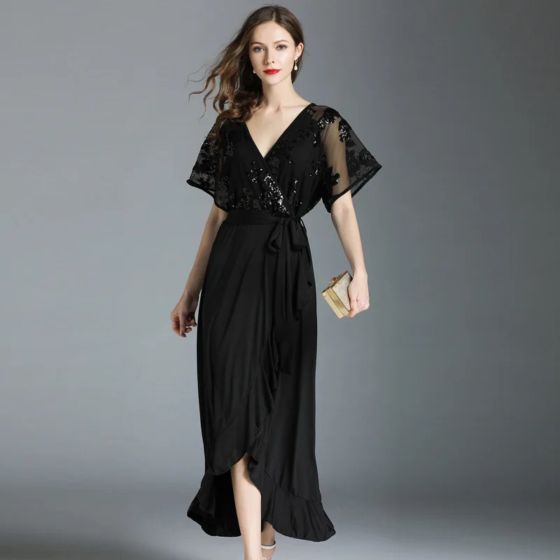 

New arrival 2018 fashion 4XL 5XL dress summer women dress big size chiffon mesh patchwork sequined elegant female Vestidos