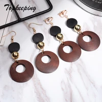 topkeeping fashion vintage geometric round wooden earrings no hole ear clip minimalism drop earrings jewelry for women