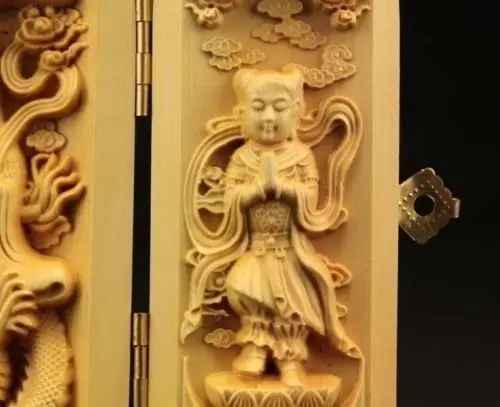Редкая китайская ручная работа резной Boxwood длинная KWAN YIN шкатулка с амулетом