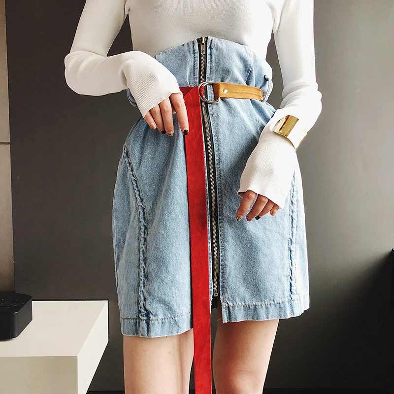 Для женщин Midi Карандаш Bodycon Юбки для Винтаж Демин Жан молния Разделение Пояса