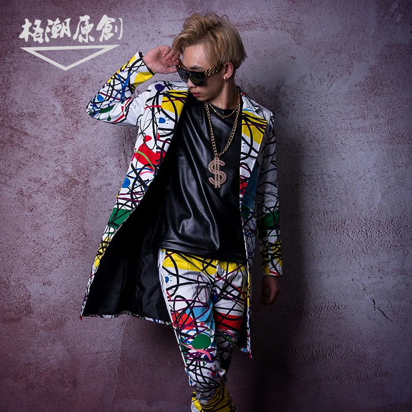 

M-6XL!!Nightclub male singer DSDJ big name GD walk show GD line printed geometric patterns in the long suit hairdresser bar co.