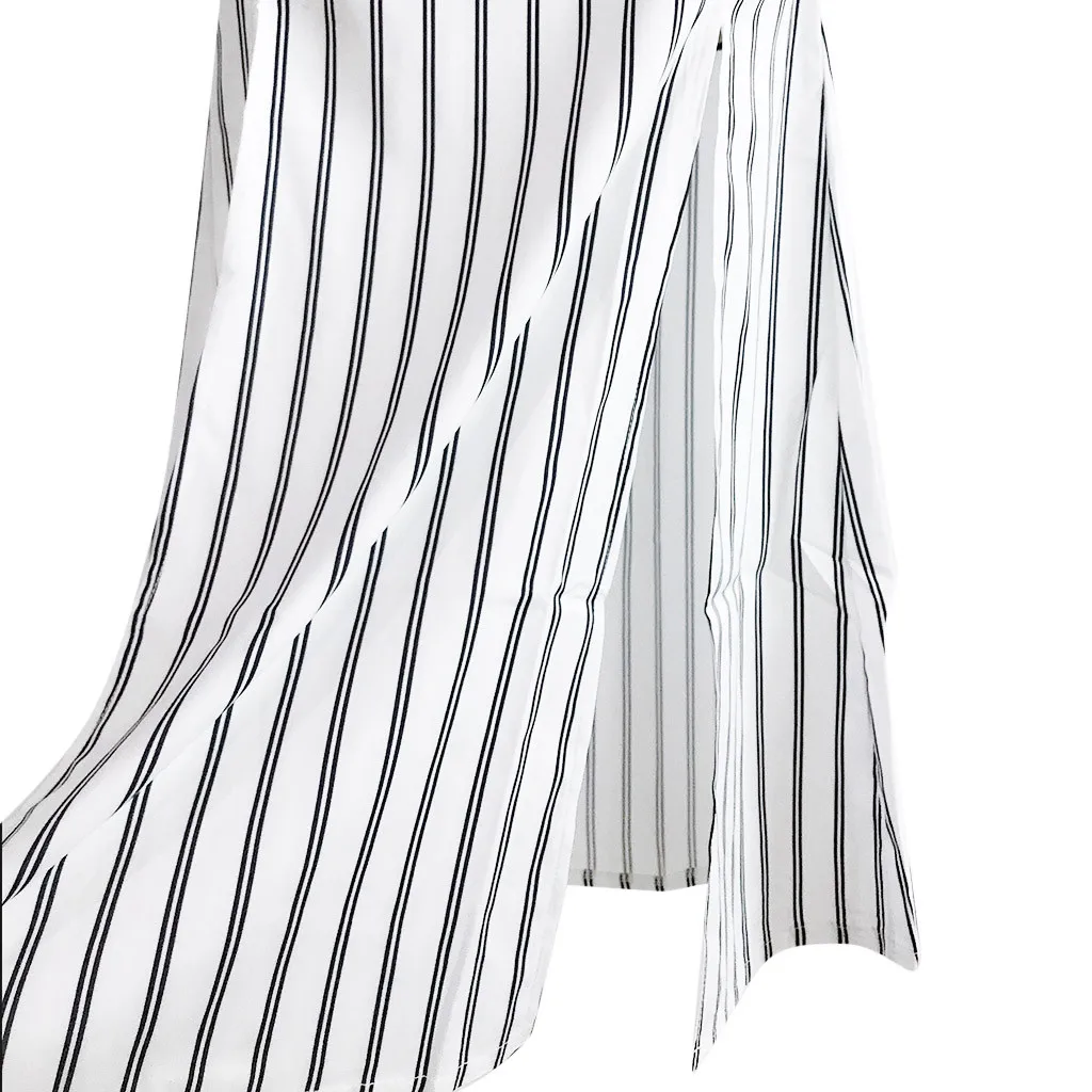 Женское фирменное платье в полоску с разрезом тонким плечевым ремнем и v образным