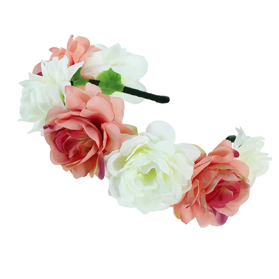 Coral Red White Haimeikang хлопковый обруч для волос с цветами и короной, обруч для невесты, женский цветочный венок, повязка для волос на свадьбу, день рождения, аксессуары для волос для девочек - Color: Coral Red White