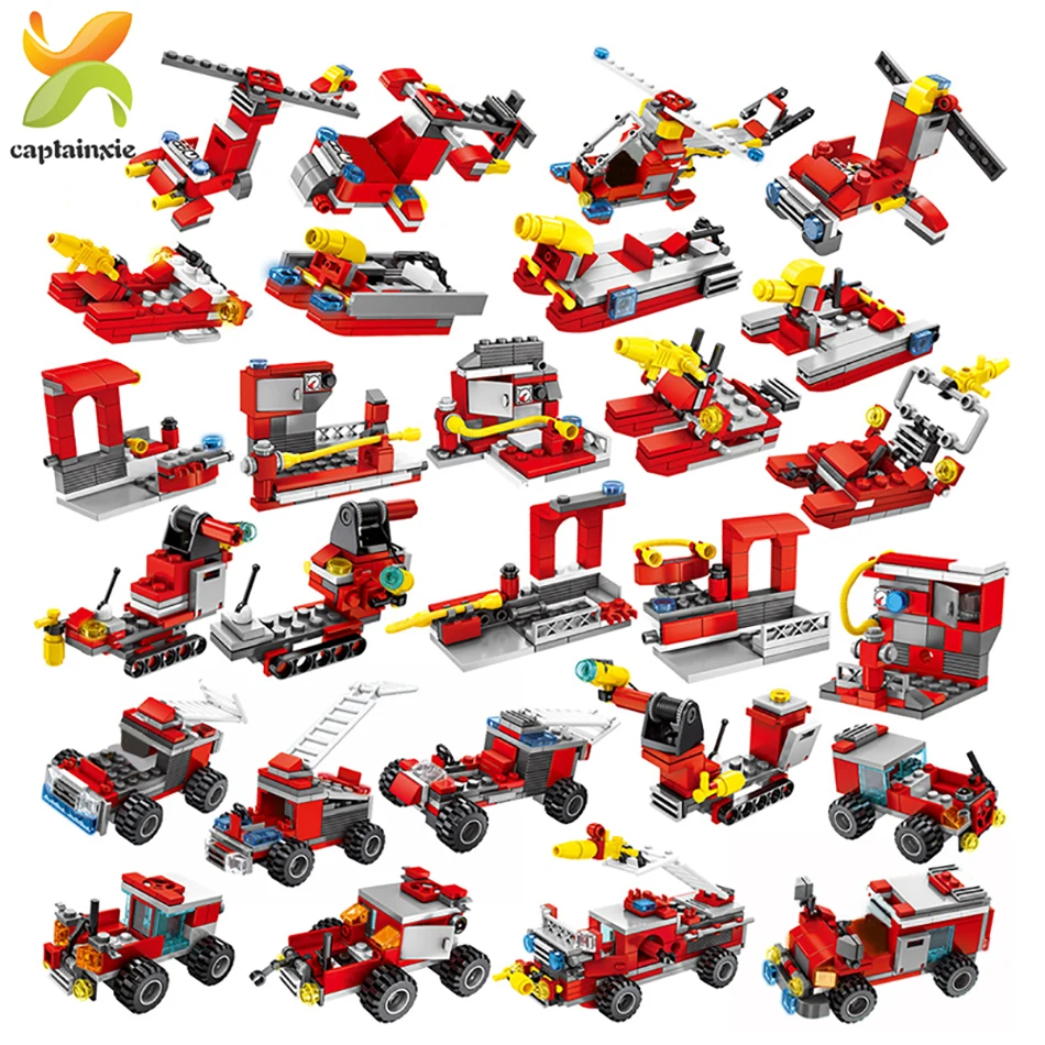 394+PCS Fire Fighting 27in1 Truck Car Helicopter Boat Building Blocks Assembled Educationacity Firefighter Children Toys | Игрушки и