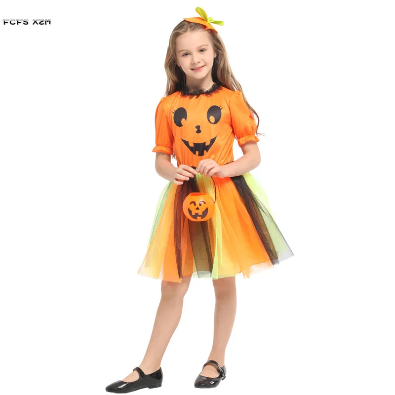 

M-XL Orange Girls Pumpkin skirt Halloween Witch Costumes Kids Children Sorceress Cosplays Carnival Purim Masquerade party dress