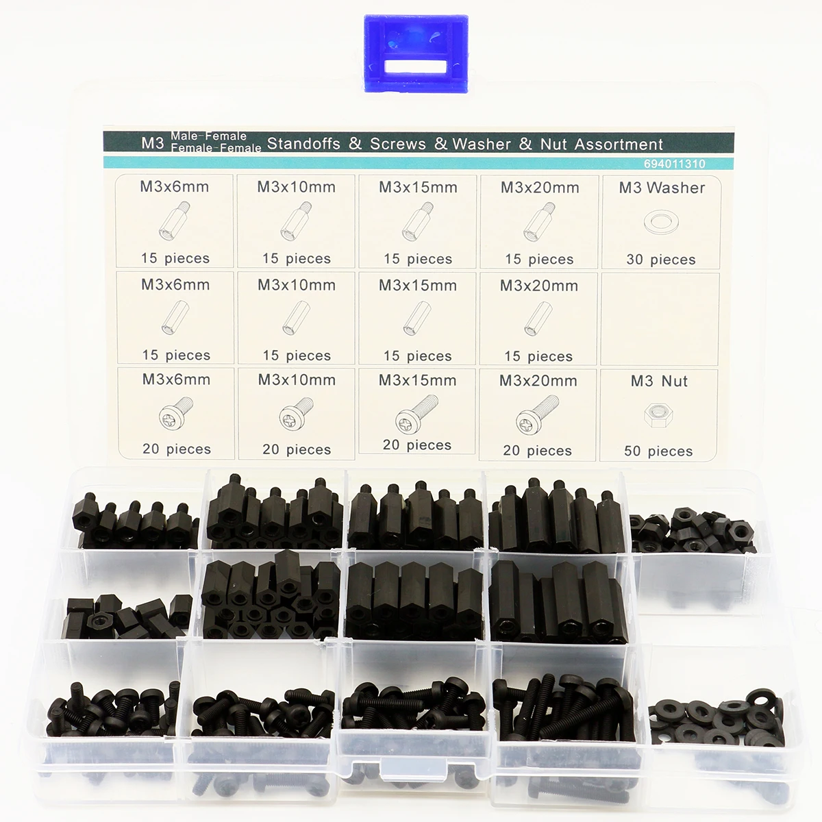 Черный нейлон M3 серии шестигранные болты гайка шайба Шестигранная 260 шт в одной