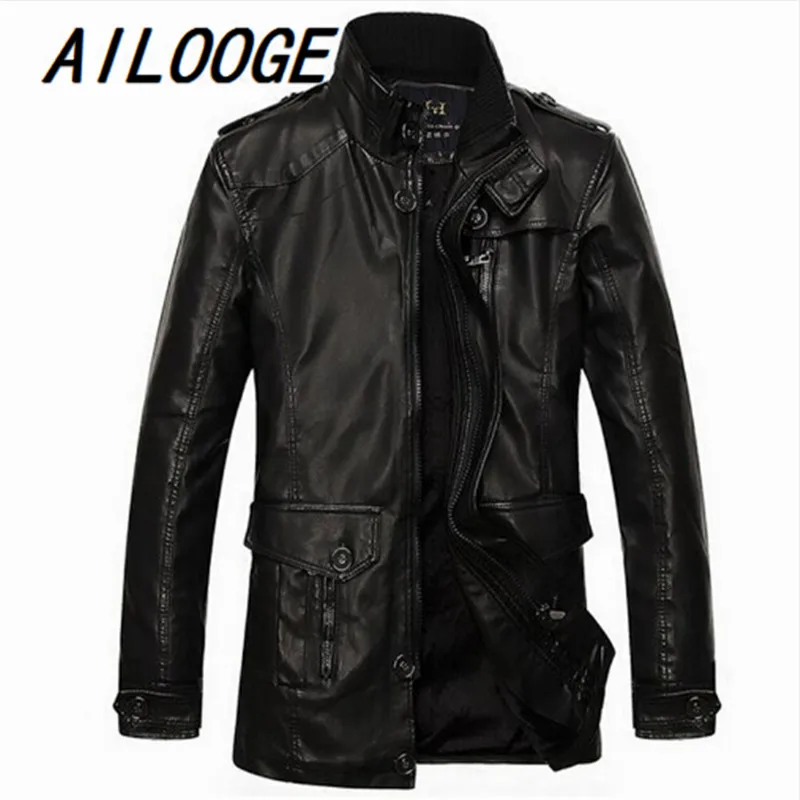 Мужской длинный кожаный Тренч с меховой подкладкой зимняя теплая кожаная куртка