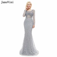 janevini luxury beaded dubai gray bridesmaid dresses long sleeves scoop neck sweep train elegant pageant mermaid lace prom gowns