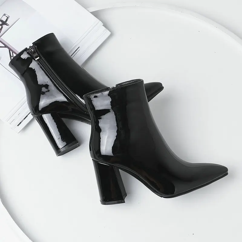 Silver Gold Black Pointed Toe Ankle Boots for Women Patent Leather Thick Heel Boots Ladies Party Winter Boots Women Short Boots