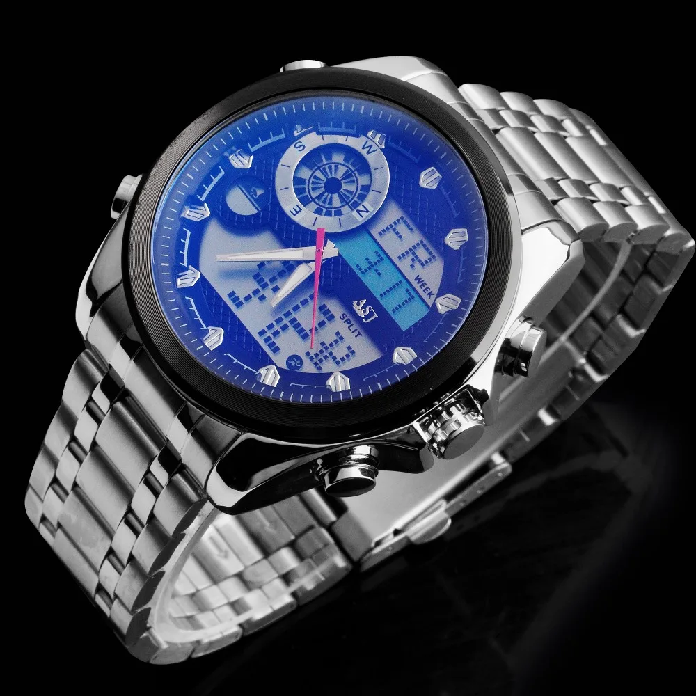 ASJ двойной дисплей мужские часы спортивные водонепроницаемые светодиодный