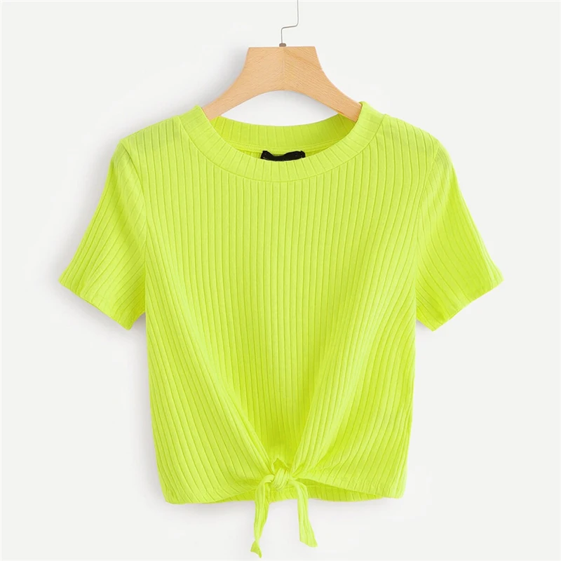 SweatyRocks неоновая цветная футболка с узлом спереди, стильная модная эластичная футболка, летняя повседневная женская желтая футболка и топы