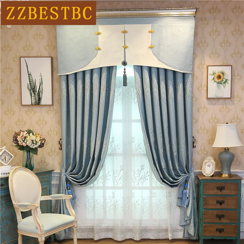 

High quality blue luxury embroidered villa curtains for living room modern idyllic classic curtains for bedroom hotel kitchen