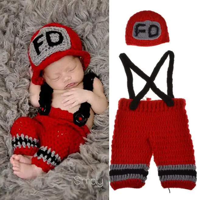 Firemen Red Шапка-скафандр для фотосъемки новорожденных мальчиков и девочек, вязаная крючком одежда, боксер, боксерские перчатки+ штаны, комплект для малышей - Цвет: Firemen Red