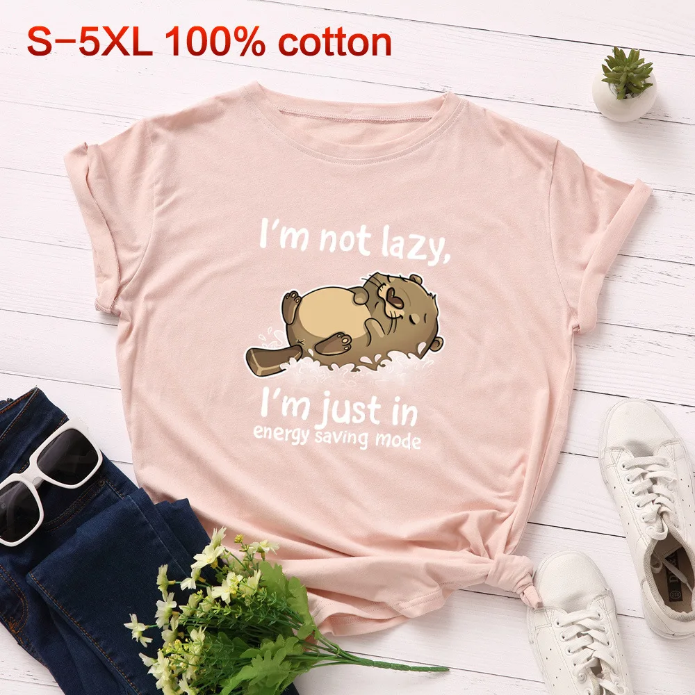 SINGRAIN, S-5XL размера плюс, футболка с изображением медведя, забавная Футболка с принтом ленивого кота, хлопок, женские топы с буквенным принтом, милые Мультяшные животные, футболка