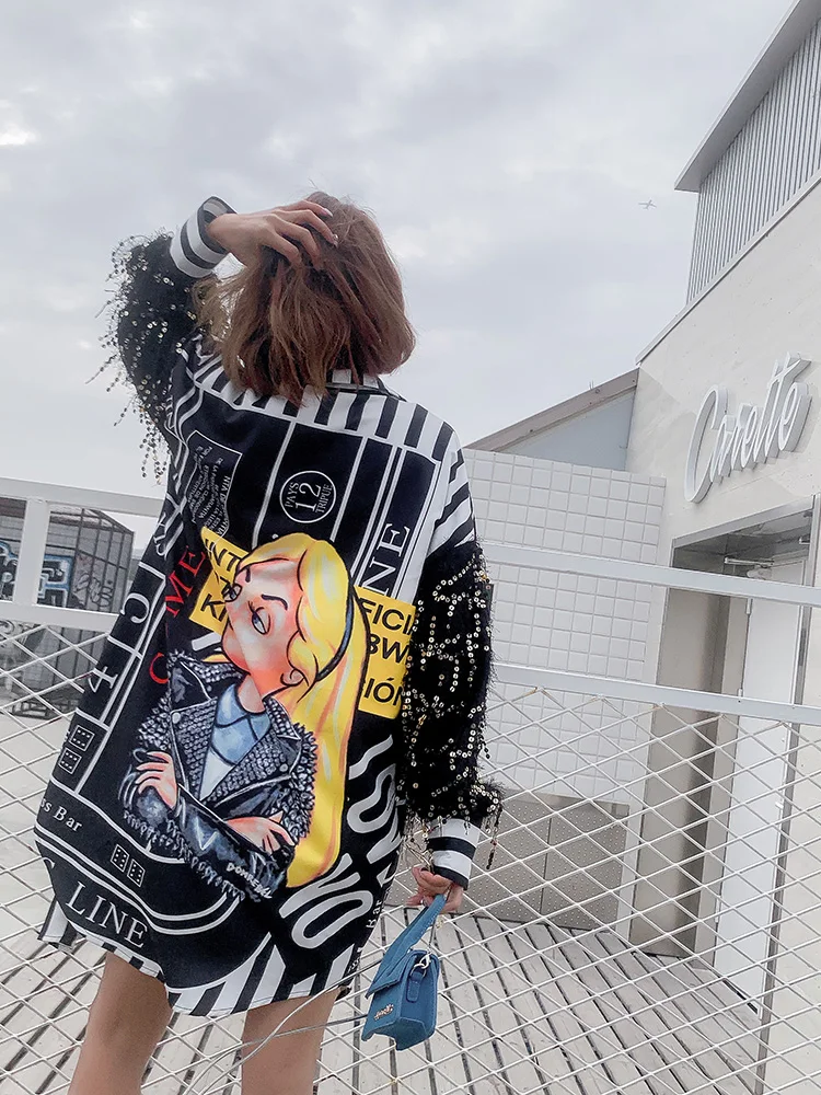 Таиланд стиль Harajuku Мультфильм блузка женская блузка и топы блестки футболка с кисточками длинный рукав женский кардиган LT534S50