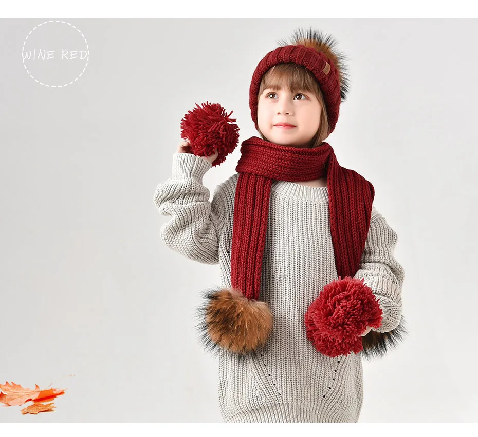 FURTALK Kids Winter Warm Chunky Thick Knit Beanie Hats and Scarves Real Fur Pompom Hat Scarf Set for Child Ages 2-10