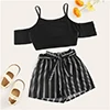 SHEIN Kiddie/укороченная блузка с открытыми плечами для девочек и полосатые шорты с поясом нож для паззлов г., летние широкие Детские костюмы с короткими рукавами