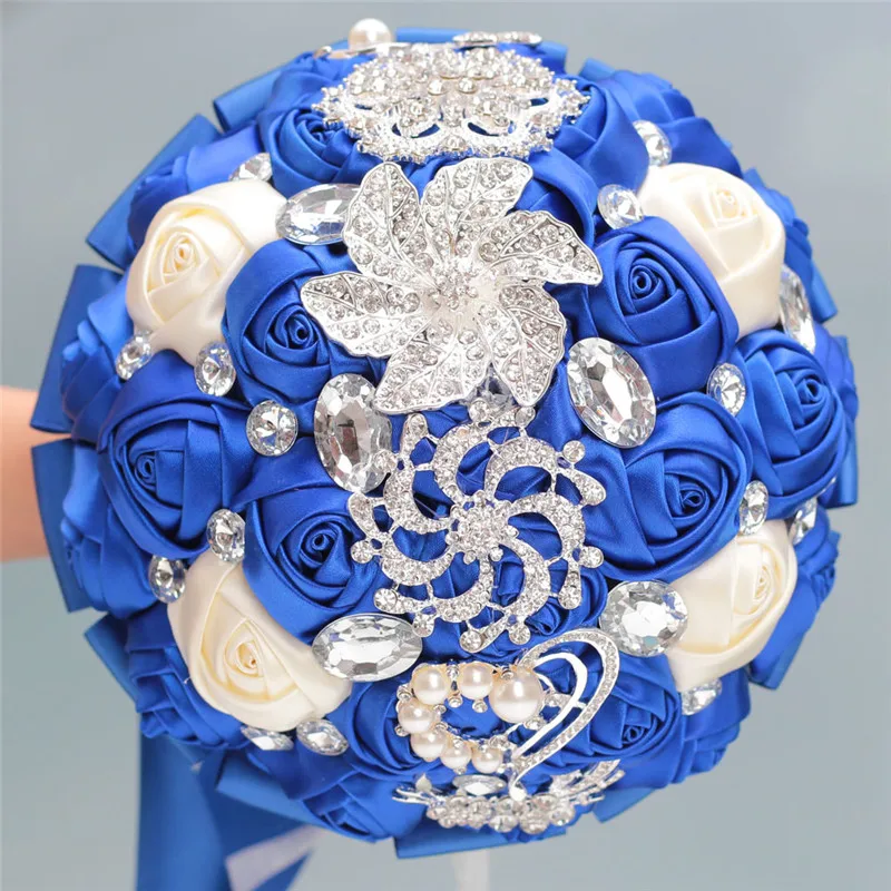 WifeLai-A Custom Royal Blue Ivory Brooch Bridal Hand Holding Flower Bouquets Bridesmaid Crystal Silk Wedding Bouquet W228-17 | Свадьбы и