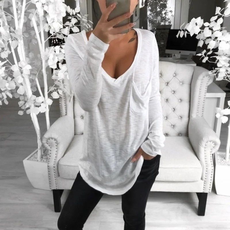 A Forever 2019 Spring Hot Sale Casual Tops Women T-Shirt Deep V-Neck Tees Long Sleeve With Pocket Loose Bottoming M-1074 | Женская
