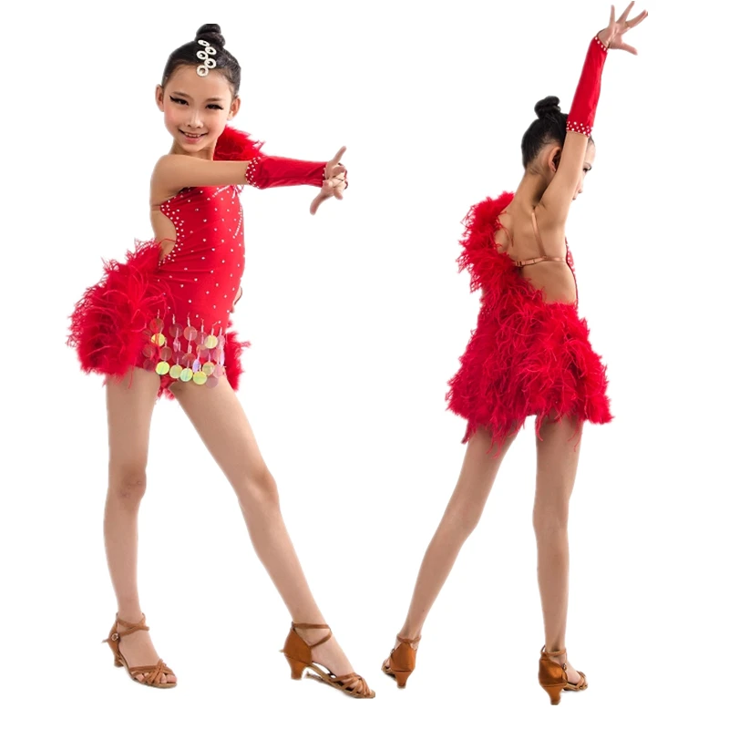 

New Red Imported Spandex Child Latin/Salsa/Ballroom Dance Dress,Feather+Czech Diamond,Girls Performance/Competition Stage Wear
