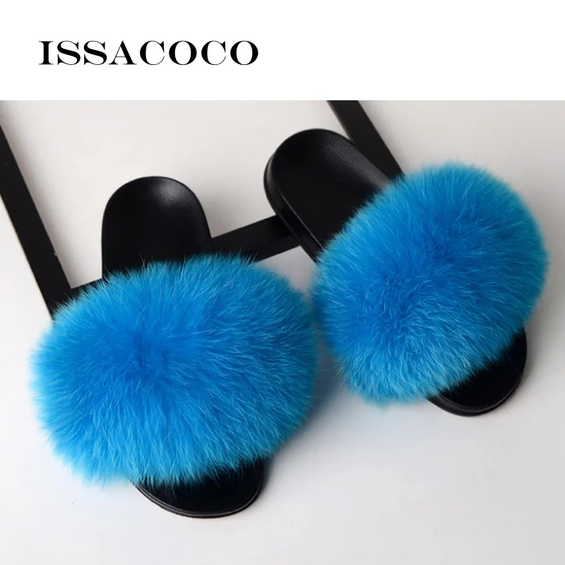 Light Blue ISSACOCO/летние женские меховые тапочки; женские шлепанцы из натурального Лисьего меха; Домашние меховые сандалии на плоской подошве; Женская милая пушистая домашняя обувь; вьетнамки - Цвет: Light Blue