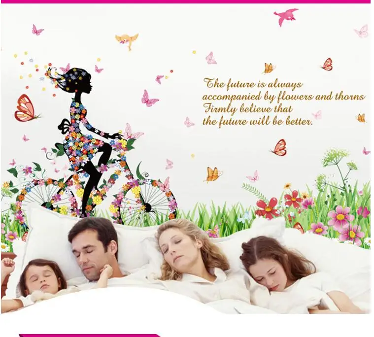 DIY colorful floral flower wall sticker bicycle girl art mural paper character quote home sofa background decals | Дом и сад