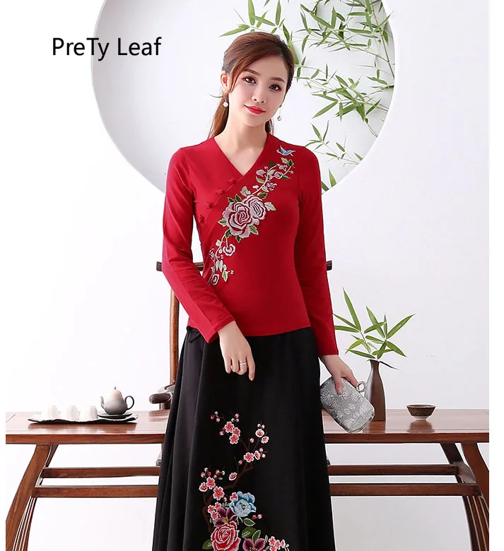 Национальный стиль 2018 Новый осень тонкий с длинными рукавами v-образным вырезом