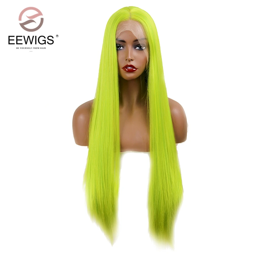 EEWIGS 2" длинные прямые волосы парики Glueless высокая температура неоновый зеленый синтетические парики на кружеве для черных женщин Drag queen