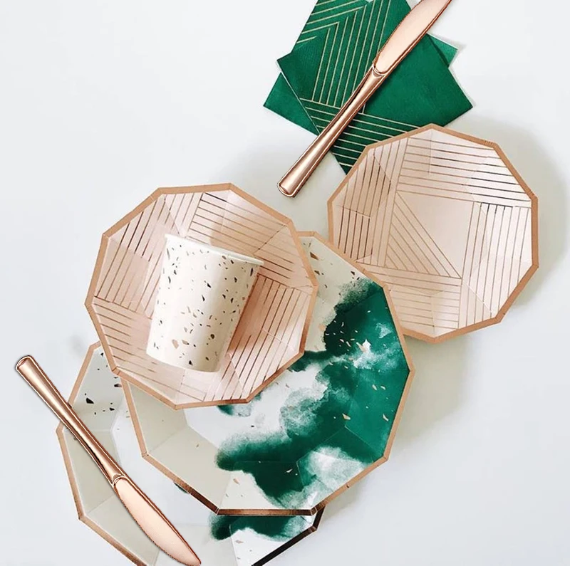 8 наборов темно-зеленый/розовое золото Акварельная посуда тарелки для торта