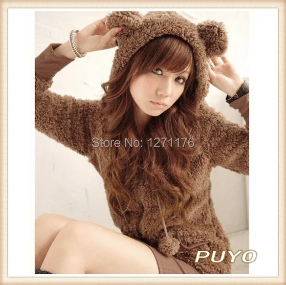 Cute!!!2014 Autumn Winter New Arrival Women Long-Sleeve Plush Ball Sweet Teddy Bear Ear Fleece Hoodie Top Jacket 3359 | Женская одежда