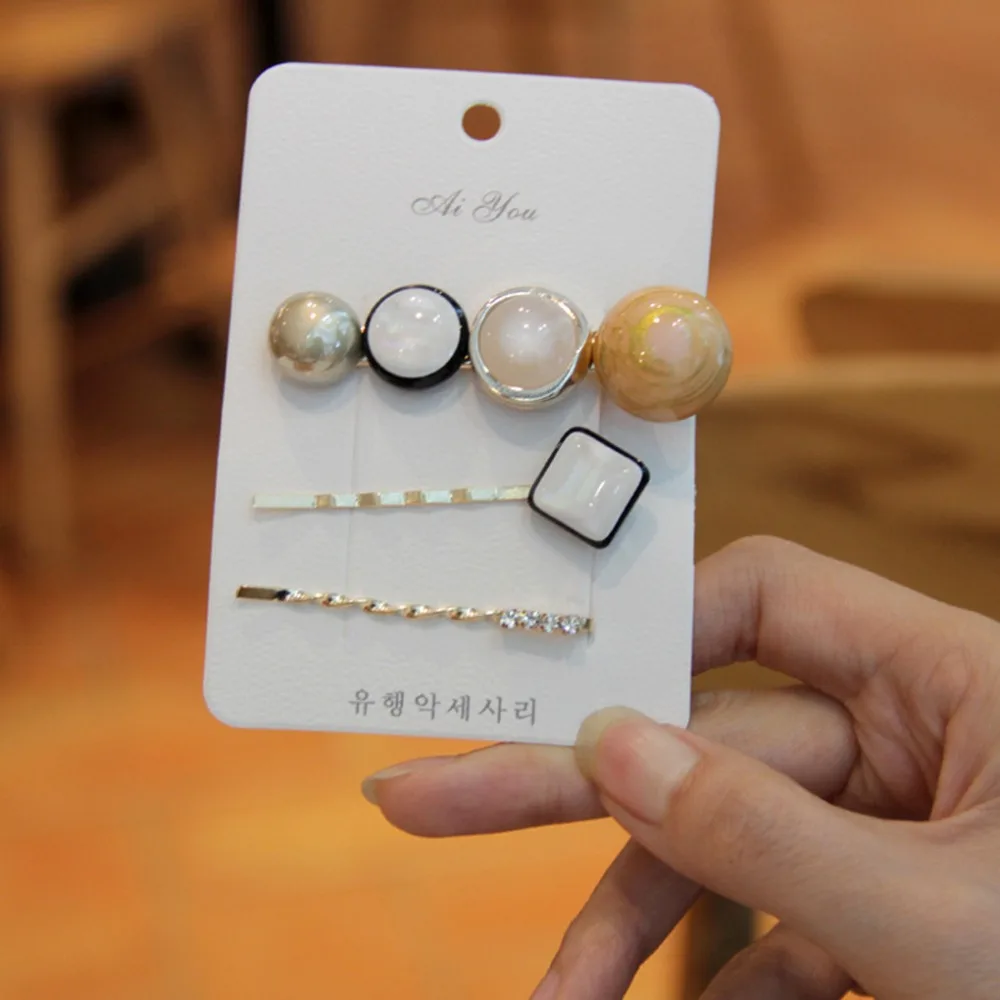 3 шт. модных девочек заколки для волос винтаж жемчуг ацетатный шпильки сплава Bb Баррет неправильная геометрия аксессуары.