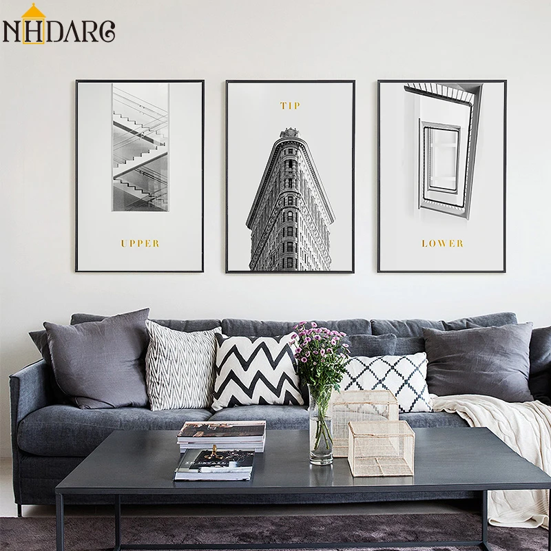 

Nordic Black White City Building Staircase Landscape Canvas Print Painting Poster Art Wall Pictures for Living Room Home Decor