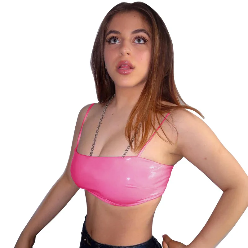 PU Leather Summer Crop Top Skinny Sexy Sleeveless Short Camis Women Pink Solid Slash Neck Ladies Streetwear Bodycon Tank Vest