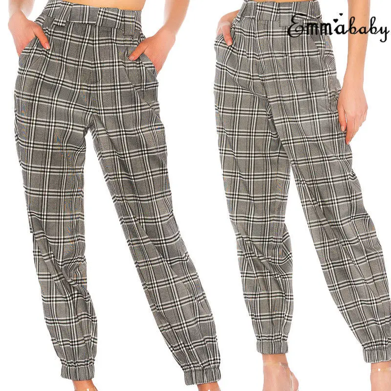 

Women High Waist Stretch Skinny Pencil Pants Elastic Drawstring Lady Slim Long Plaid Trousers