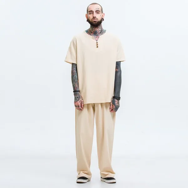 Khaki long pants Мужская футболка большого размера, M-7xl 8XL 9XL, футболка, льняные футболки с длинными рукавами, повседневный костюм из двух предметов с v-образным вырезом, комплекты футболок 150 кг - Цвет: Khaki long pants