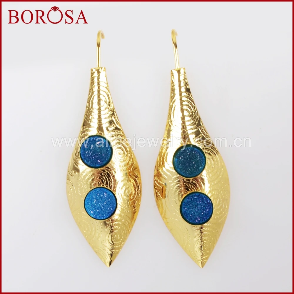 

BOROSA 3/5Pairs New Gold Color Double Round Rainbow Druzy Long Leaf Dangle Earrings Drop Earring Drusy Jewelry for Women ZG0252