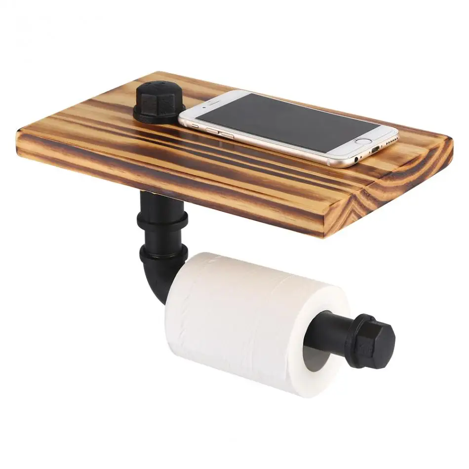 

Toilet Wall Mount Paper Holder Rack Wood Shelf Bathroom Storage Rack Organizer