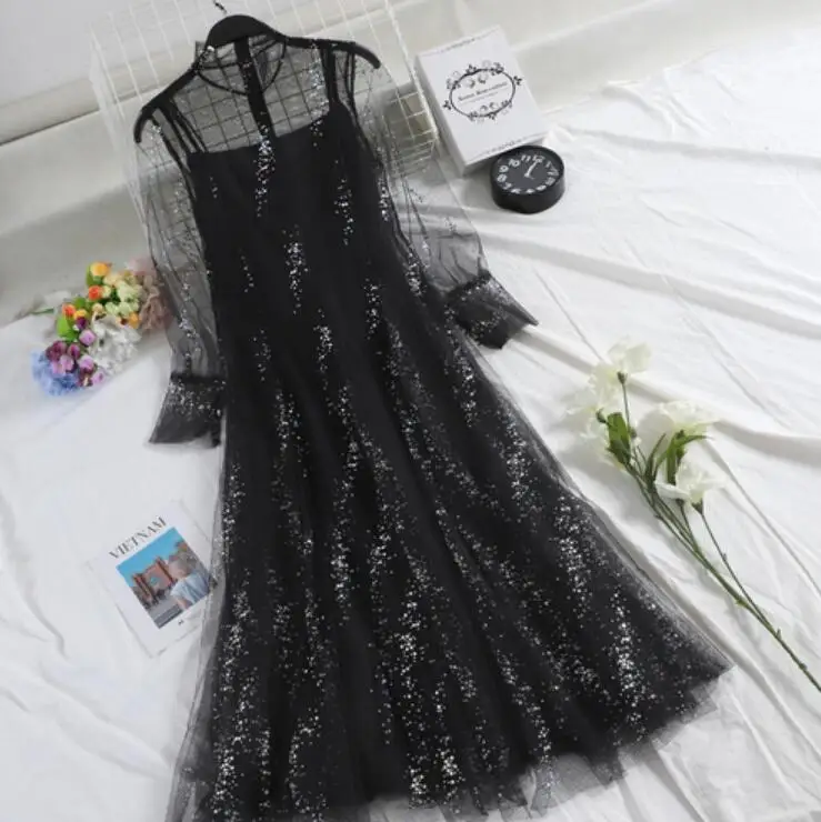 Женский комплект из двух предметов платье сетчатой ткани с круглым кружевным