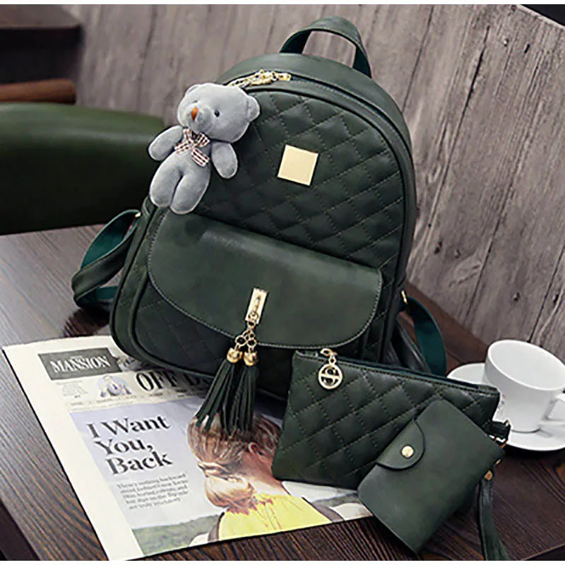 Women Small Vintage Backpack Women's Bag Set Waterproof Retro Bear Pendant Bags Set Of 3 Female Luxury Cute Leather Backpacks