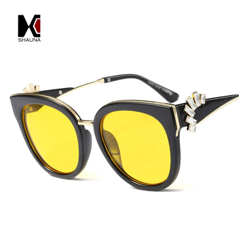 SHAUNA Luxury Crystal Decoration Women Cat Eye Sunglasses Fashion Oversize Ladies Yellow Tinted Lens Shades | Аксессуары для