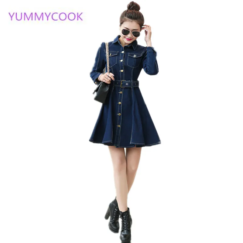 YUMMYCOOK осеннее Новое Женское облегающее джинсовое платье в Корейском стиле с