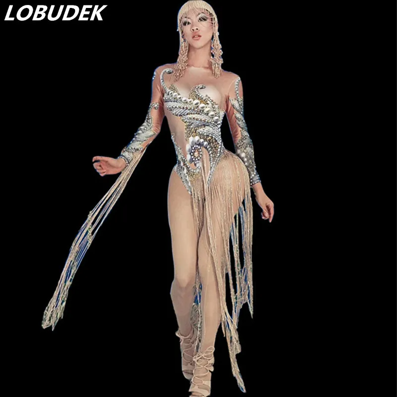 3D Pattern Sexy Nude Color Stretch Bodysuit Crystals Gold Tassels Jumpsuit DJ Jazz Dance Performance Leotard Stage Wear Costume