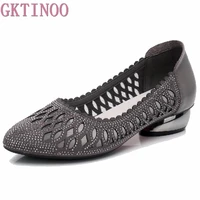 gktinoo flats woman 2021 summer sandals rhinestone cut outs gauze women shoes genuine leather pointed toe comfortable flat shoes
