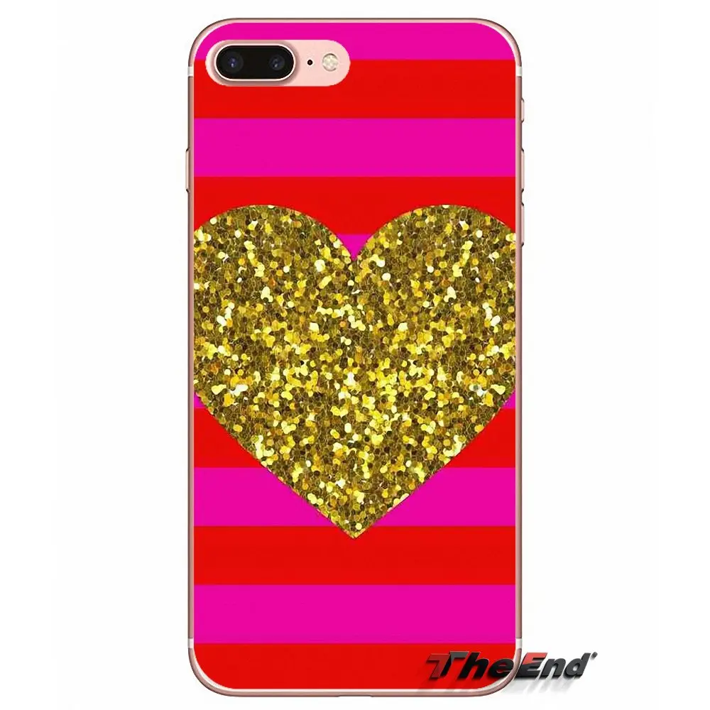 Милый мягкий чехол в полоску с золотым сердцем и блестками для Apple iPhone X 4 4S 5 5S SE 5C 6