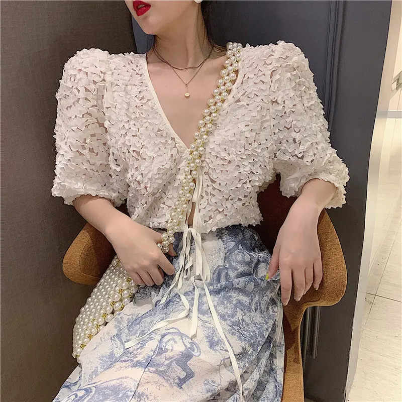 Hzirip New Simple Lace Short Sleeves Loose Sweet Solid Casual Female Cardigans Chiffon Basic Shirts |